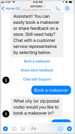 Dzięki botowi Messengera Sephora kwalifikuje potencjalnych klientów do umówienia się na zmiany.
