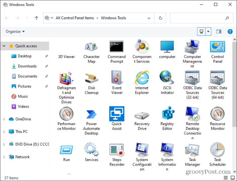 elementy w folderze Windows Tools