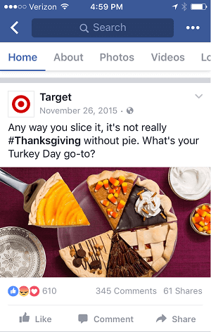 Ten post z okazji Święta Dziękczynienia opublikowany przez Target dobrze się wyświetla zarówno w kanałach na komputery stacjonarne, jak i na urządzenia mobilne.
