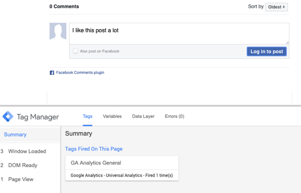 Użyj Menedżera tagów Google z Facebookiem, krok 23, podgląd komentarza z podsumowaniem wyboru dla uruchomionego tagu Facebooka