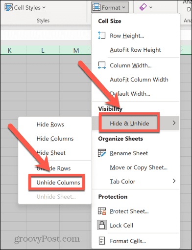 menu formatu Excela odkryj kolumny
