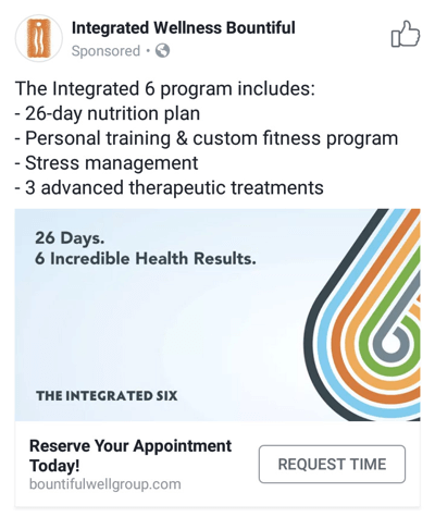 Techniki reklamowe na Facebooku, które przynoszą rezultaty, na przykład Integrated Wellness Bountiful oferujące terminy spotkań