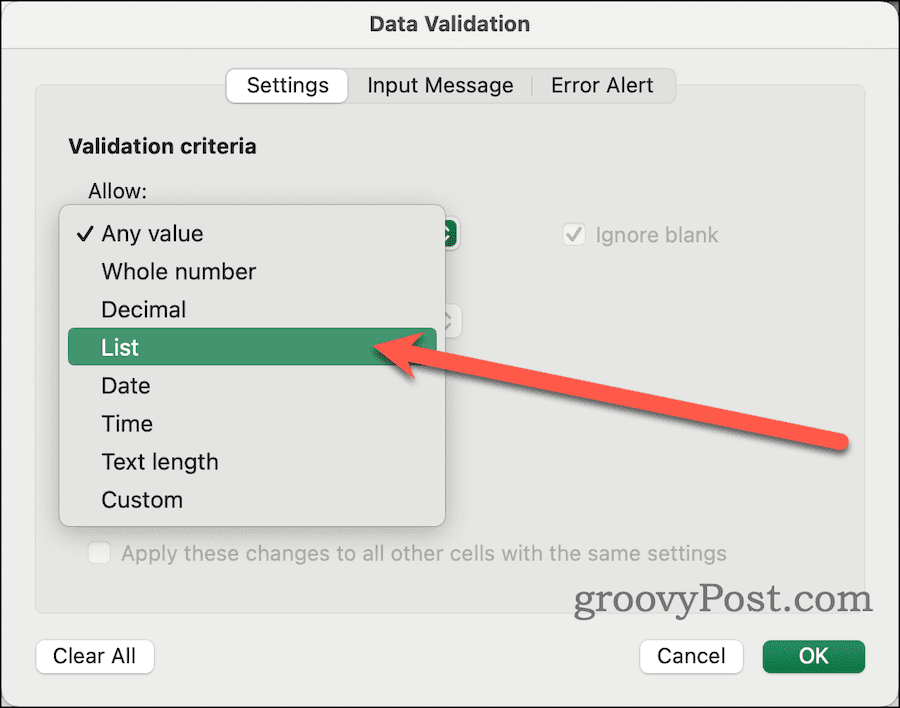 Wybierz opcję Lista w oknie dialogowym sprawdzania poprawności danych w programie Excel