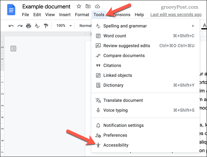 Otwórz menu ułatwień dostępu w Dokumentach Google
