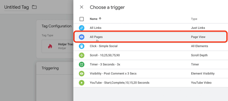 nowy tag menedżera tagów google z wyborem opcji menu wyzwalacza z kilkoma zaznaczonymi opcjami, w tym kliknięcie - proste społecznościowe, przewijanie - 10,25,50,75,90, czas - 3 sekundy - 3x, m.in. z zaznaczonymi wszystkimi stronami