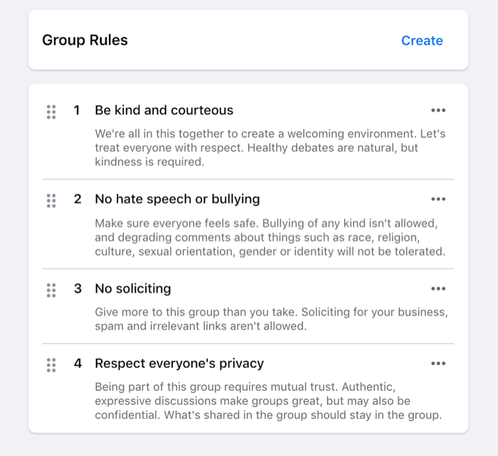 przykład zasad ustalonych dla grupy na Facebooku, takich jak bycie uprzejmym, zakaz szerzenia nienawiści, zakaz nagabywania itp.