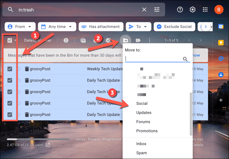 Przenoszenie e-maili poza folder kosza Gmaila