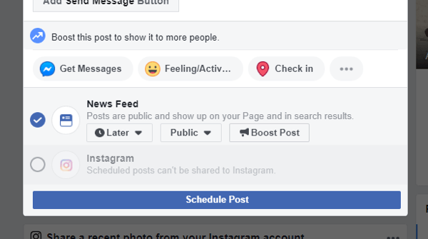 Jak zamieścić post na Instagramie z Facebooka na komputerze, przykład opcji cross-post na Instagram nie jest już dostępna podczas planowania postu na Facebooku