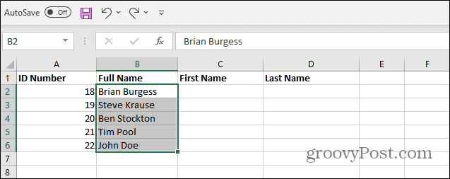 Wybierz nazwy z listy Excel