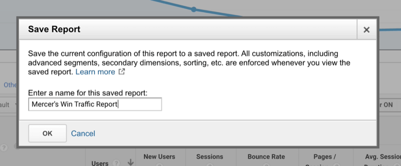 opcja Google Analytics umożliwiająca nazwanie zapisanego raportu niestandardowego