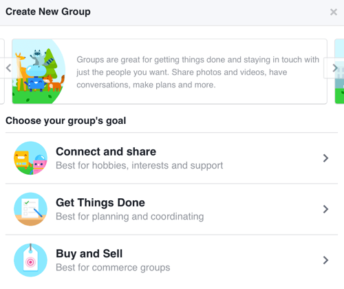 Aby utworzyć grupę na Facebooku skoncentrowaną na budowaniu społeczności, wybierz Połącz i udostępnij.