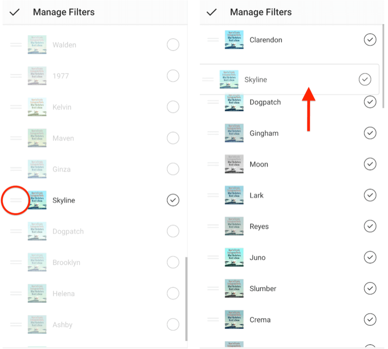 zarządzaj opcjami menu filtrów Instagram, wyświetlając podwójne poziome paski wyboru obok filtrów pozwalających w celu zmiany ich kolejności i pokazania filtru panoramy przeciągniętego na górę listy filtrów lista