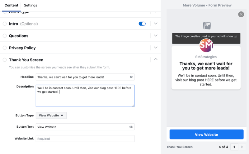 skonfiguruj ekran z podziękowaniami dla formularza generowania potencjalnych klientów na Facebooku