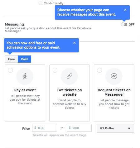Wygląda na to, że Facebook testuje opcję umożliwiającą ludziom zadawanie pytań za pośrednictwem Facebook Messenger, dodaj bezpłatnie lub płatną opcję wstępu na wydarzenie i ustaw przedział cenowy biletów podczas konfigurowania wydarzenia na Facebooku Strona.
