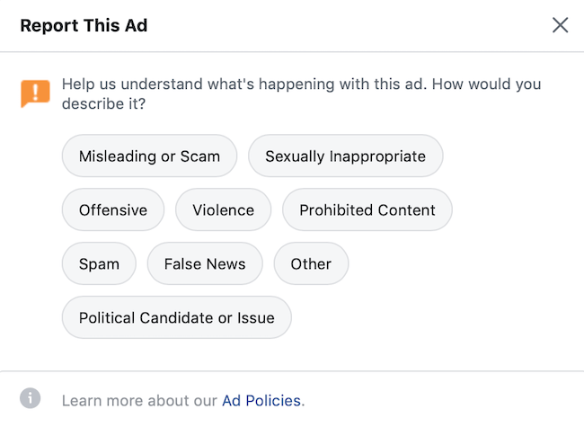 opcje użytkownika dotyczące opinii o reklamach na Facebooku