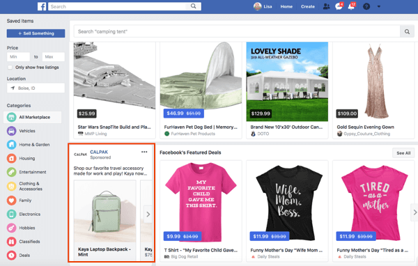 Strony mogą również wyświetlać reklamy w serwisie Facebook Marketplace.