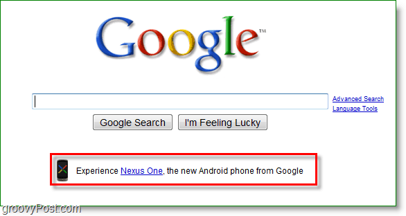 Nexus 1 jest reklamowany na stronie głównej Google.