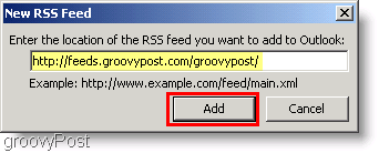 Screenshot Microsoft Outlook 2007 - Wpisz nowy kanał RSS