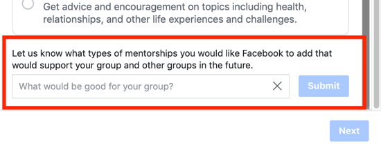 Jak ulepszyć społeczność grupową na Facebooku, opcja zasugerowania opcji kategorii mentoringu grupowego na Facebooku