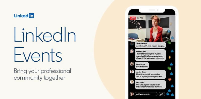 Nowe narzędzie LinkedIn Virtual Events, które pozwala ludziom tworzyć i transmitować wydarzenia wideo za pośrednictwem swojej platformy.