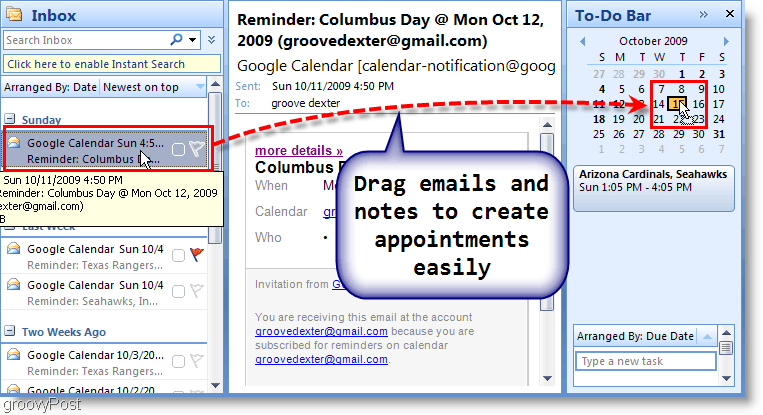 Pasek zadań programu Outlook 2007 - przeciągnij wiadomość e-mail do kalendarza