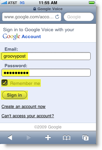 Strona logowania do telefonu komórkowego Google Voice