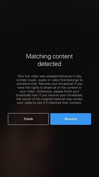 Instagram przerywa teraz wideo na żywo, jeśli wykryje, że przesyłana strumieniowo zawartość audio, muzyka lub wideo narusza prawa autorskie innych osób.