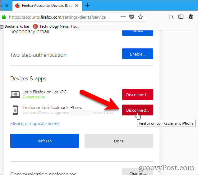 Odłącz urządzenie za pomocą przeglądarki Firefox dla systemu Windows
