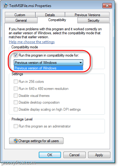 jak wyświetlić informacje o zgodności dla pliku msi Windows 7