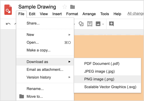 Wybierz Plik> Pobierz jako> Obraz PNG (.png), aby pobrać projekt Rysunków Google.