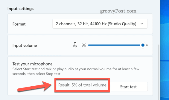 Procentowy wynik testu mikrofonu w systemie Windows 11
