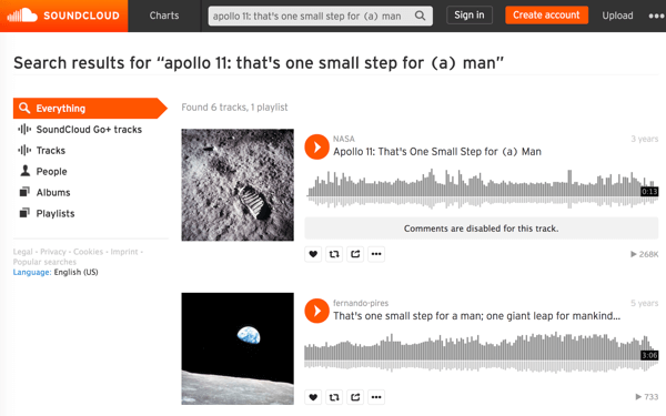Przeszukuj pliki multimedialne NASA na SoundCloud, aby znaleźć i pobrać dźwięk z kultowych momentów historycznych, takich jak pierwszy spacer po Księżycu.