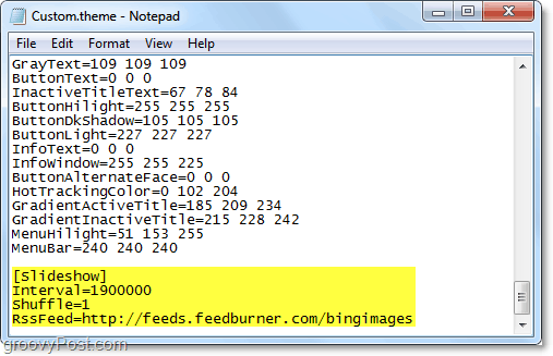 obok kodu rss pokazu slajdów do pliku .theme systemu Windows 7