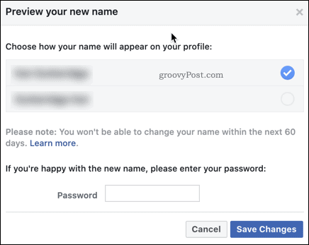 Potwierdzenie zmiany nazwy na Facebooku