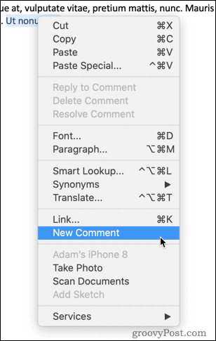 Kliknięcie prawym przyciskiem myszy, aby wstawić komentarz w programie Word