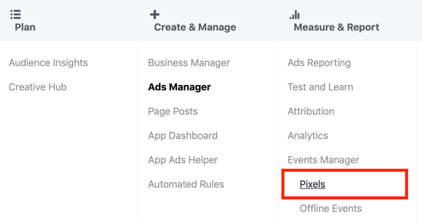 Użyj Google Tag Manager z Facebookiem, krok 3, opcja menu Piksele w Menedżerze reklam