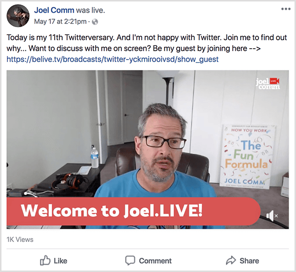 Joel Comm pojawia się na wideo na żywo ze swojego biura. Ściany są nagie i białe, a plakat przedstawiający okładkę The Fun Formula opiera się o ścianę w tle. Joel ma na sobie niebieską koszulkę i okulary. Podpis w dolnej trzeciej części mówi Witaj u Joela. RELACJA NA ŻYWO!