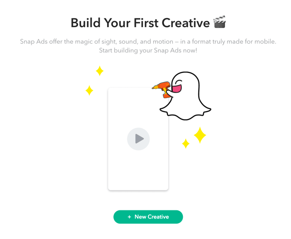 Kliknij + Nowa kreacja, aby skonfigurować reklamę Snapchat.