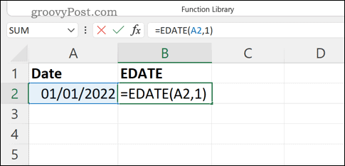 Wpisywanie formuły EDATE na pasku formuły w programie Excel