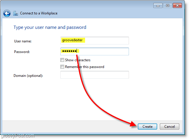 wpisz swoją nazwę użytkownika i hasło, a następnie utwórz połączenie w Windows 7