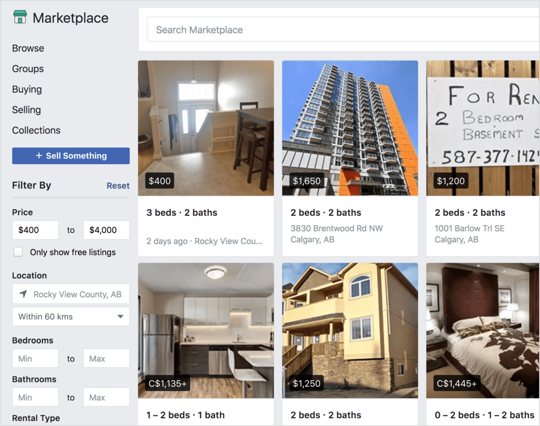 Facebook Marketplace oferuje nieruchomości do wynajęcia na sprzedaż.