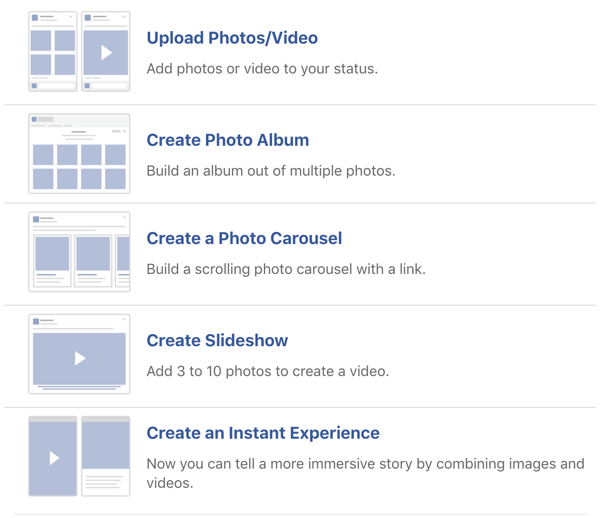 Przykładowe opcje zdjęć i filmów na Facebooku.