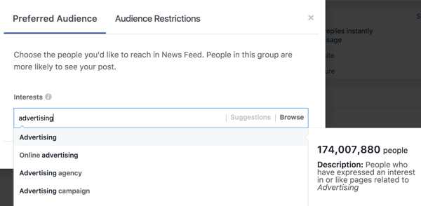 Po wpisaniu zainteresowania Facebook zasugeruje dodatkowe tagi zainteresowań.