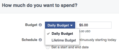 opcje budżetu reklam na Facebooku