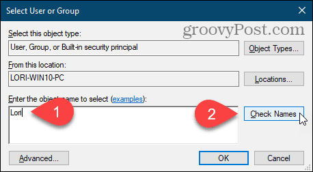 Kliknij opcję Sprawdź nazwy, aby wprowadzić nazwę użytkownika w oknie dialogowym Wybierz użytkownika lub grupę w rejestrze systemu Windows