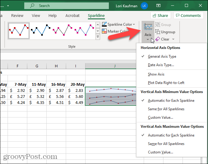 Przycisk Oś na karcie Wykres przebiegu w czasie w programie Excel