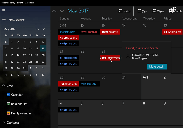 Aplikacja Kalendarz systemu Windows 10