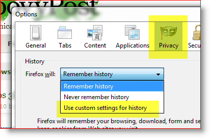 Firefox - użyj niestandardowych ustawień dla historii