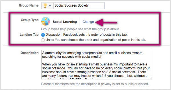 Kliknij łącze Zmień obok istniejącej klasyfikacji typu grupy i wybierz opcję Social Learning.