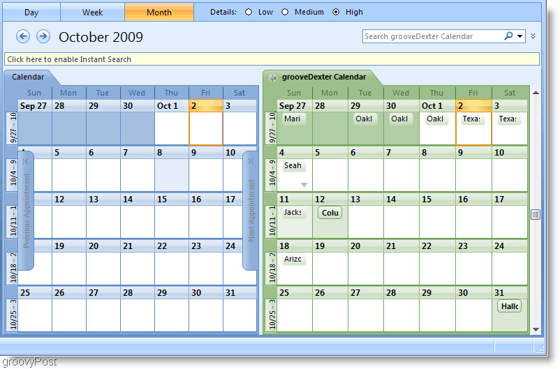 Zrzut ekranu kalendarza programu Outlook 2007 Side-by-Side